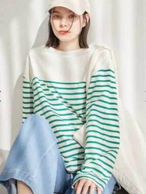Green and White Striped Long Sleeve  Tee Shirt Dress